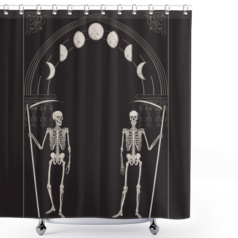 Personality  Grim Reapers With The Scythes In Front Of The Gothic Arch With Moon Vector Illustration. Hand Drawn Gothic Style Placard, Poster Or Print Design. Shower Curtains