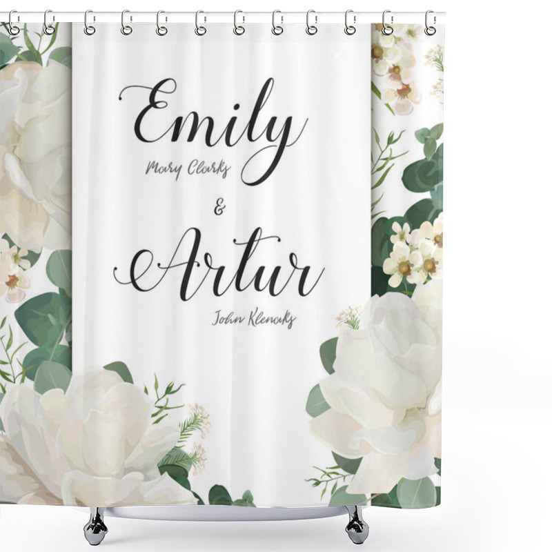 Personality  Floral Wedding Invitation Save The Date Card Elegant Invite Card Vector Design: Garden Flower White Rose Peony White Wax Green Blue Eucalyptus Tender Greenery Bouquet Print Frame And Copy Space Layout Shower Curtains