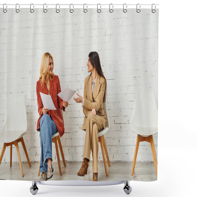 Personality  Two Stylish Women Engaged In Conversation While Seated In Chairs. Shower Curtains