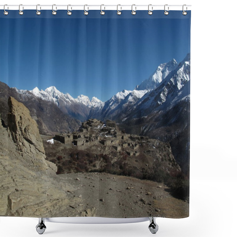 Personality  Old Village And High Mountains In The Himalayas. Shower Curtains