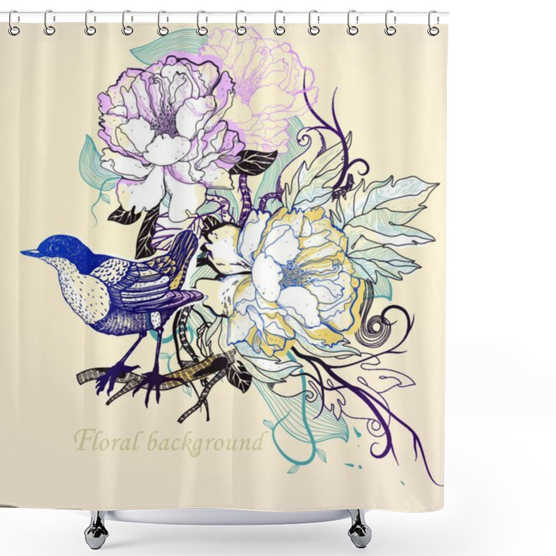 Personality  Vector Illustration Of A Little Bird And Blooming Roses Shower Curtains