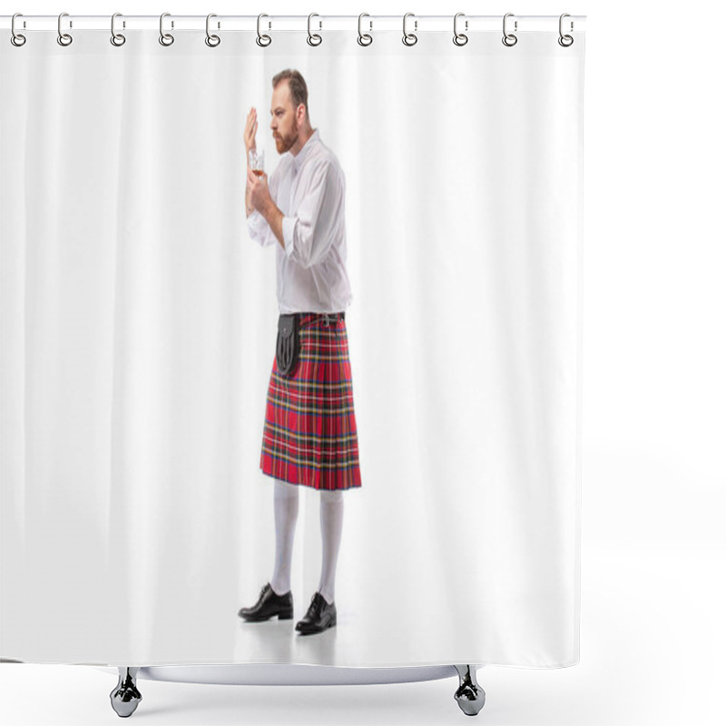 Personality  Scottish Redhead Man In Red Kilt Smelling Whiskey On White Shower Curtains