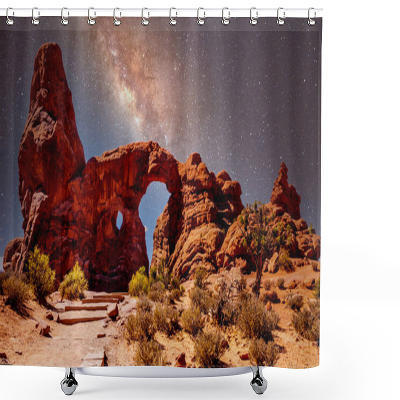 Personality  The Night Sky And Milky Way Over The Delicate Sandstone Arch Of The Turret Arch, One Of The Many Large Sandstone Arches In Arches National Park Utah, United States Under A Starry Sky Shower Curtains