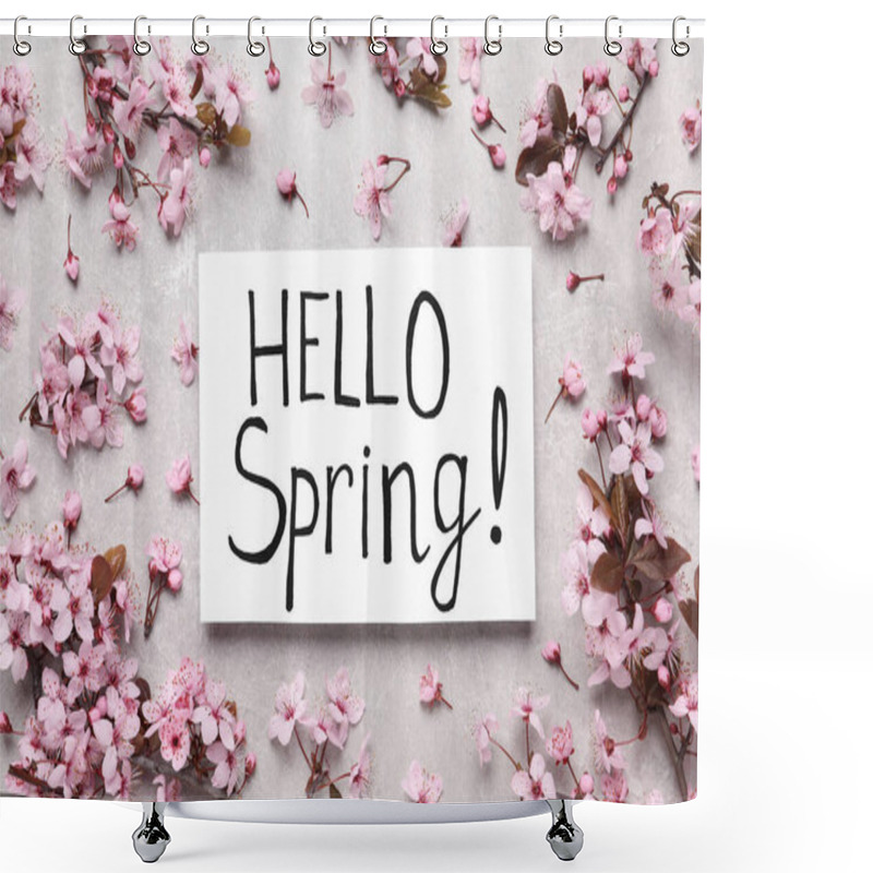 Personality  Tree Blossoms And Card With Text Hello Spring On Light Stone Table, Flat Lay Shower Curtains