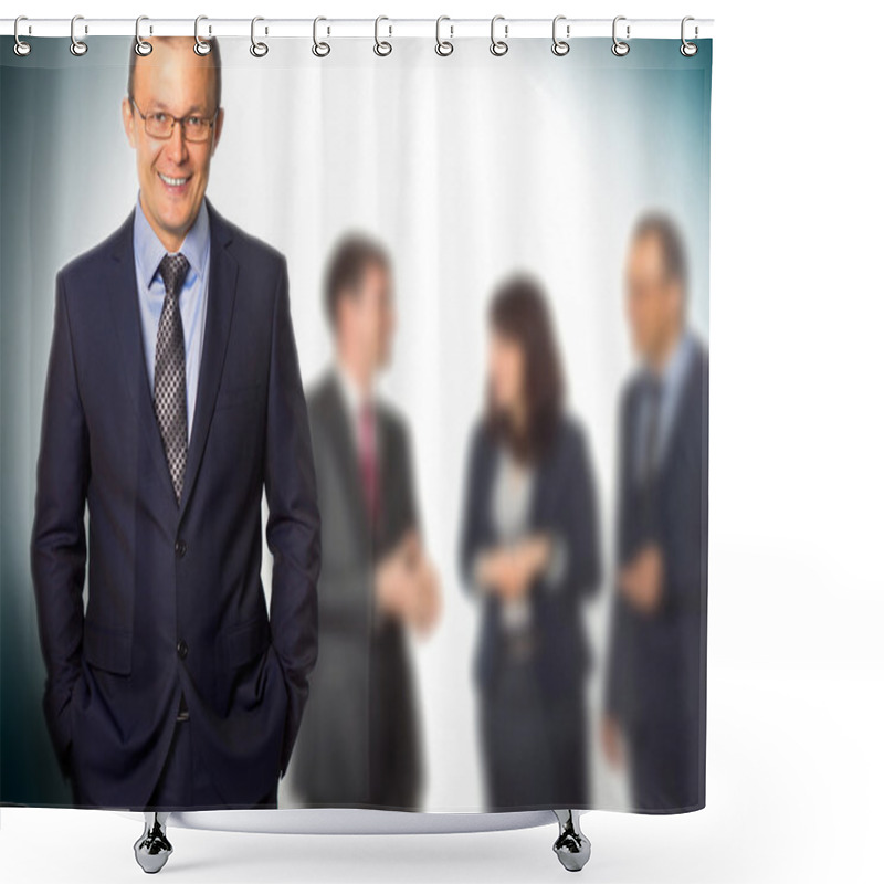 Personality  Businessman On Background Of Working People Shower Curtains