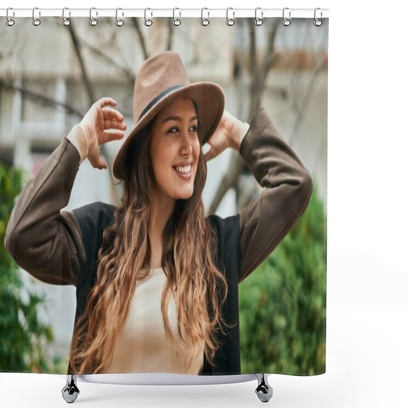 Personality  Young Hispanic Tourist Woman Smiling Happy Holding Hat At The City. Shower Curtains