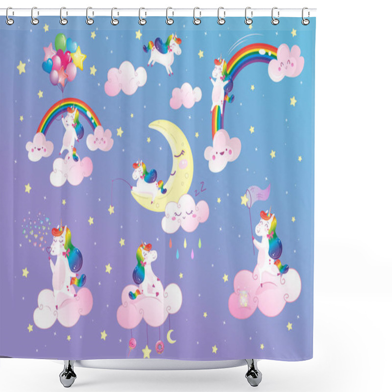 Personality  Cute Magical Rainbow Unicorn With Stars And Clouds Vector Set. Isolated Cartoon Collection Of Decoration For Kids. Sticker Pack Shower Curtains