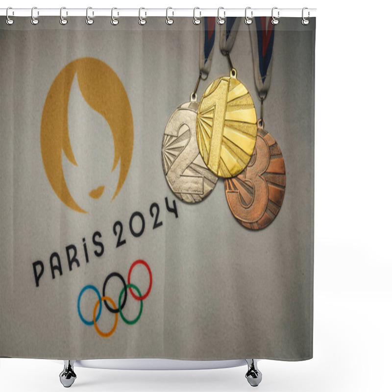 Personality  PARIS, FRANCE, JANUARY 4. 2024: Gold Silver And Bronze Medal On White Blanket With Official Logo Of Summer Olympic Game In Paris 2024 Shower Curtains