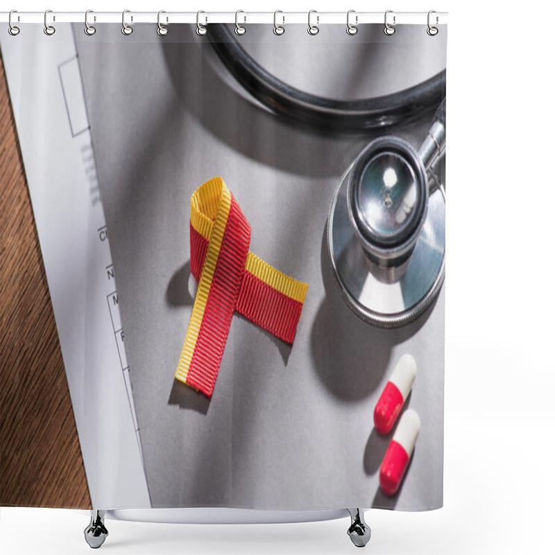 Personality  Selective Focus Of Ribbon, Stethoscope, Pills And Folder On Table, World Hepatitis Day Concept Shower Curtains