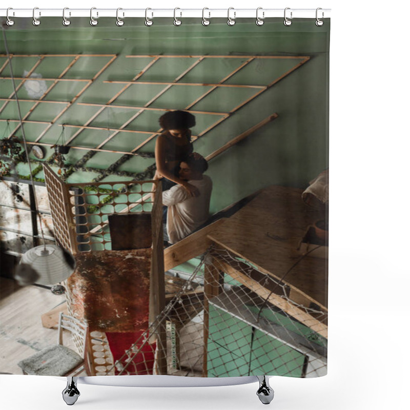 Personality  High Angle View Of Young Multiethnic Couple Embracing On Stairs In Workshop With Decorative Lattice Shower Curtains