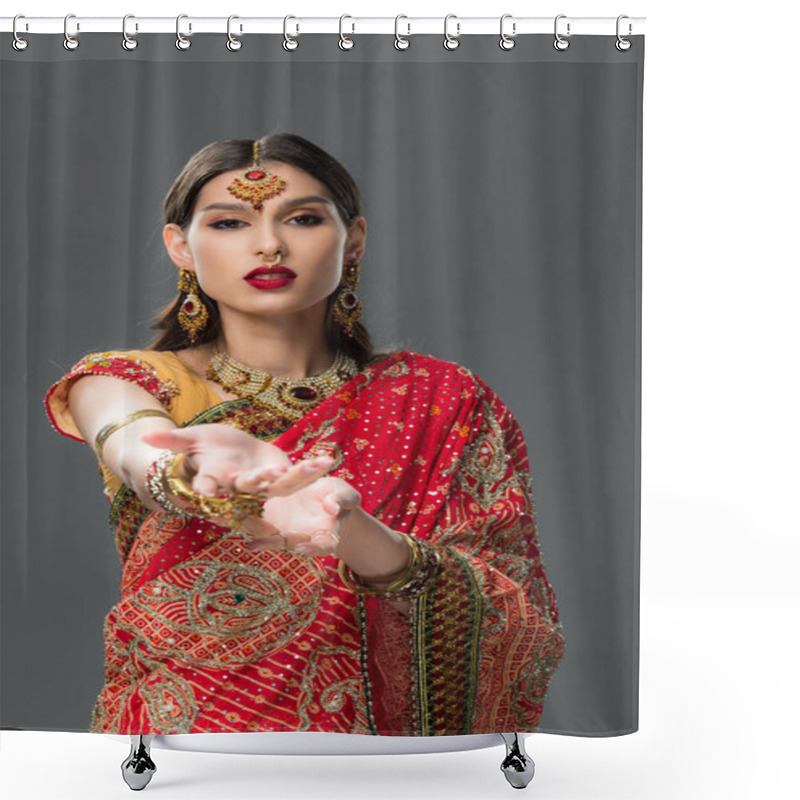 Personality  Elegant Woman Gesturing In Traditional Indian Sari And Accessories, Isolated On Grey  Shower Curtains