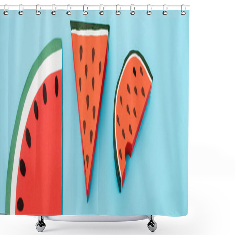 Personality  Top View Of Paper Watermelon Slices On Blue Background, Panoramic Shot Shower Curtains