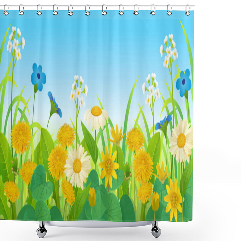 Personality   Summer Landscape Of Field With Dandelions, Buttercups, Wild Strawberries And Wildflowers Blue Sky Background. Vector Illustration In Cartoon Style Shower Curtains