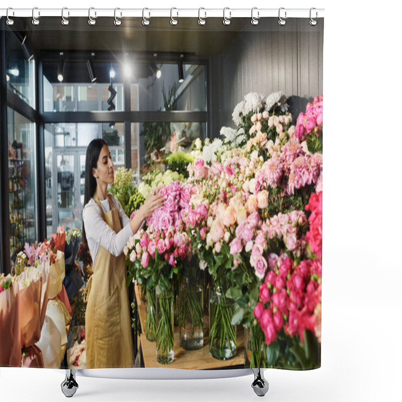 Personality  A Talented Florist Arranges Beautiful Bouquets Among Fresh Blooms In Her Shop. Shower Curtains