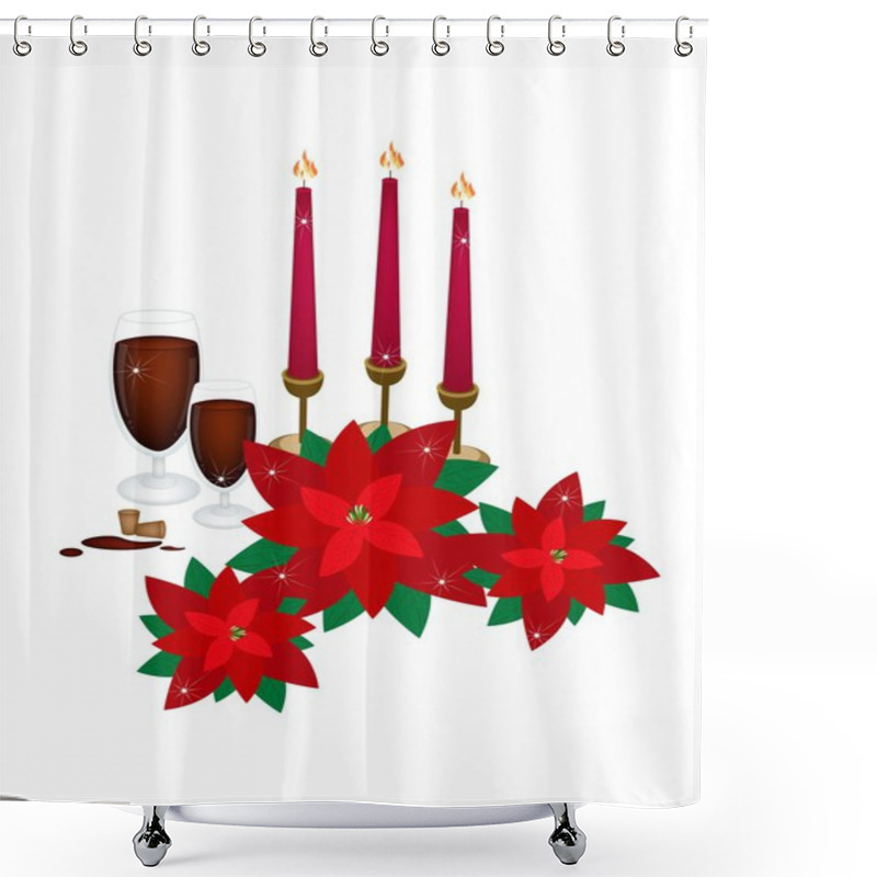 Personality  Christmas Candles With Red Poinsettia Flowers And Wine Shower Curtains