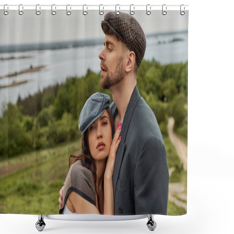 Personality  Brunette And Fashionable Woman In Newsboy Cap And Vest Hugging Bearded Boyfriend In Jacket And Standing With Scenic Landscape At Background, Fashionable Couple In Countryside Shower Curtains