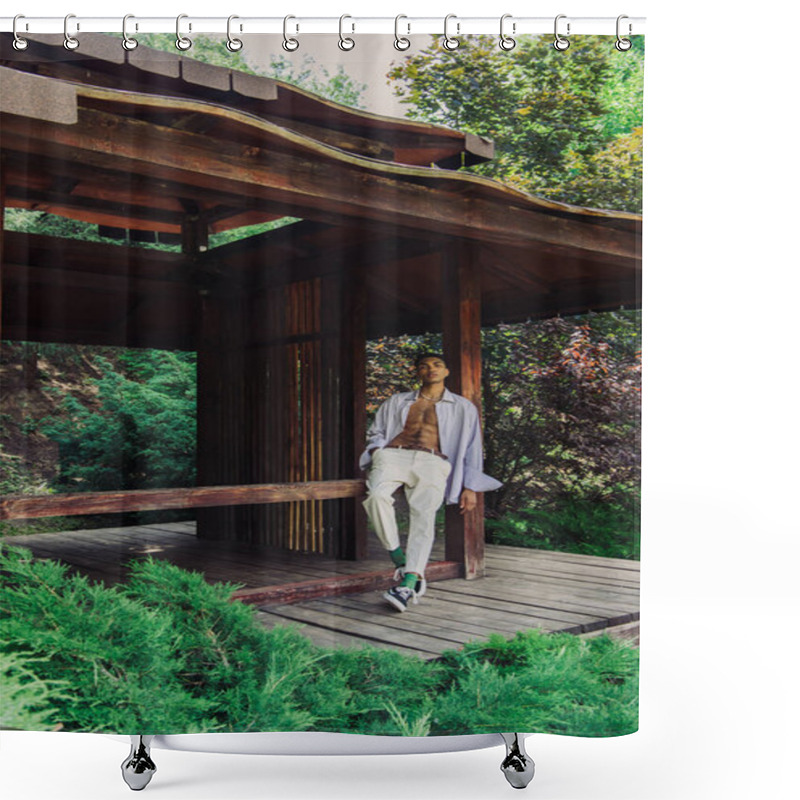 Personality  Young African American Man In Stylish Clothes Posing In Wooden Gazebo In Green Park Shower Curtains