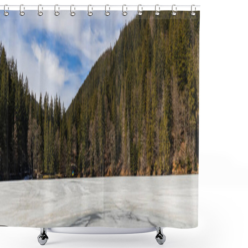 Personality  Mountains With Forest Near Frozen Lake With Ice, Banner  Shower Curtains