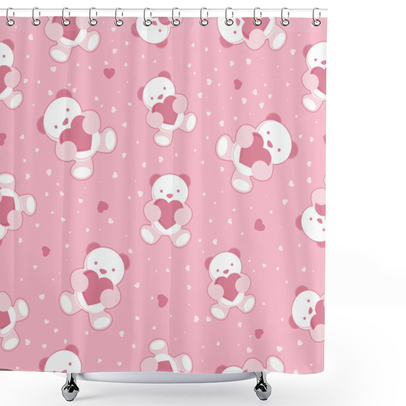 Personality  Seamless Pink Baby Background With Teddy Bear And Hearts. Vector Illustration. Shower Curtains