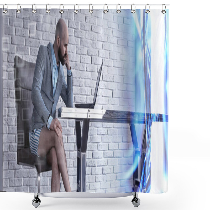 Personality  Quarantined Work Concept, A Man Works At Home On A Computer In His Underpants, Funny Work Coronavirus Pandemic Meme Shower Curtains