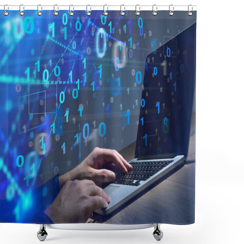 Personality  Businessman Using His Laptop In Office. Binary Numbers Emerging From It. Hi Tech Concept. Toned Image Double Exposure Shower Curtains