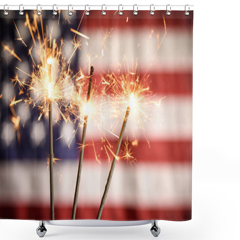 Personality  Sparklers Closeup With American Flag In Background. Celebrating 4th Of July Independence Day Shower Curtains