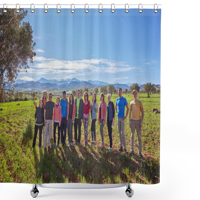 Personality  A Group Of Tourists Are Photographed In A Valley Near Marrakech, Against The Backdrop Of The Atlas Mountains, Morocco Shower Curtains