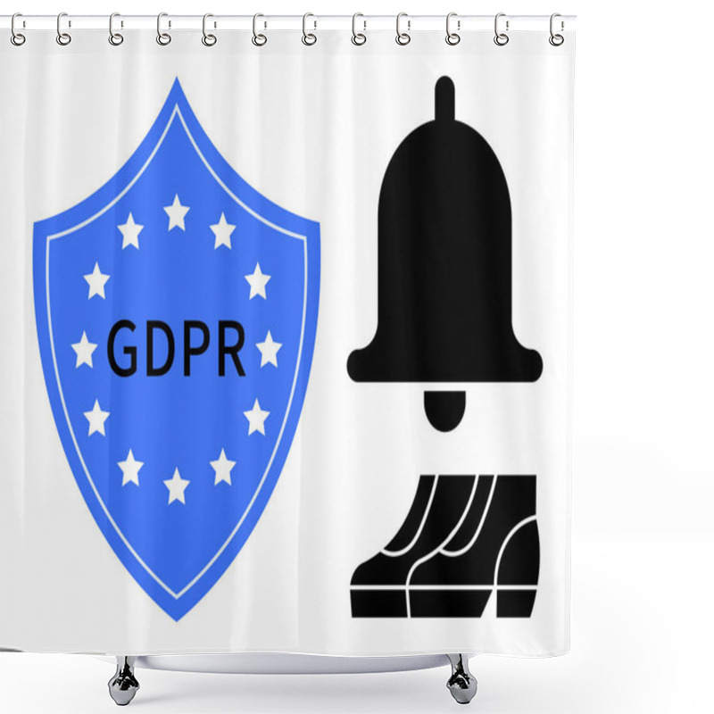 Personality  GDPR Shield Surrounded By Stars, Notification Bell, And User Footprints Evoke Themes Of Data Protection, User Consent, Alerts, Compliance, And Privacy Transparency. Ideal For Legal, Cybersecurity Shower Curtains