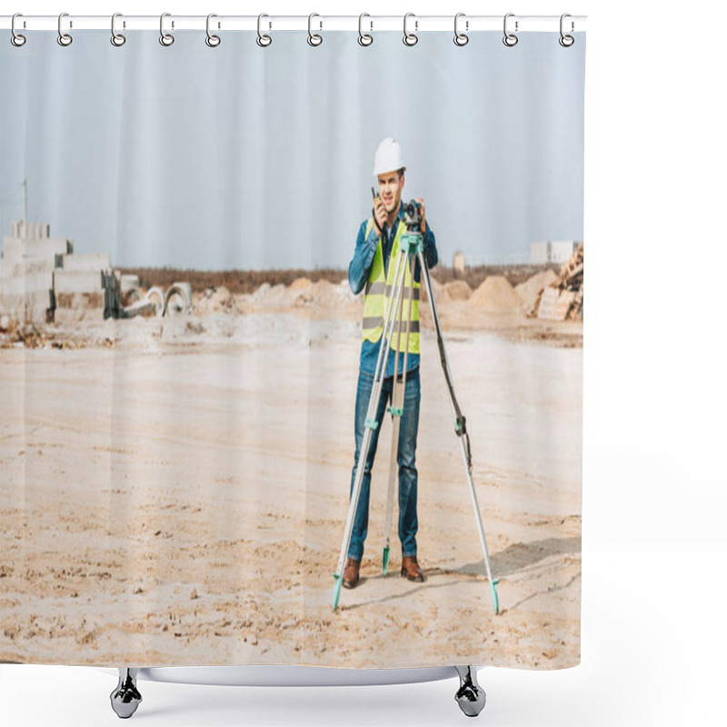 Personality  Surveyor With Digital Level Talking On Radio Set On Dirt Road Shower Curtains