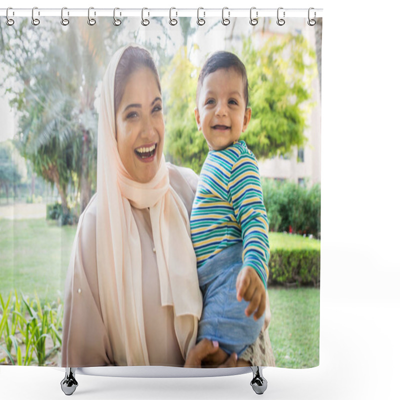 Personality  Arabic Mom And Her Little Toddler Playing Outdoors Shower Curtains