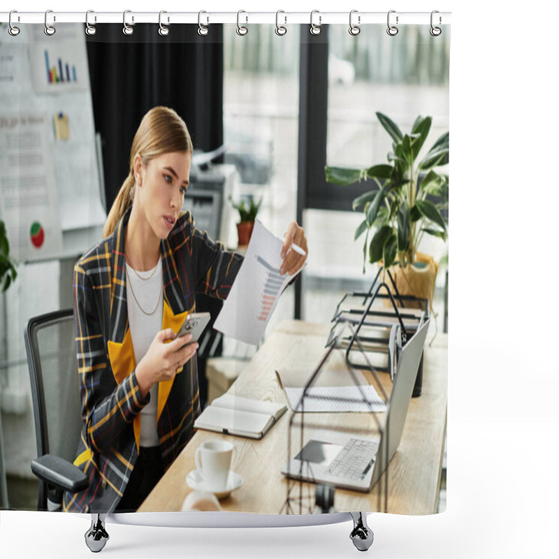 Personality  A Young Woman Analyzes Reports On Her Smartphone In A Sleek Office. Shower Curtains