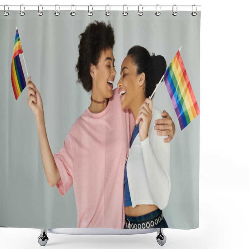 Personality  Two Friends Share A Heartfelt Moment While Proudly Waving Rainbow Flags During A Celebration. Shower Curtains