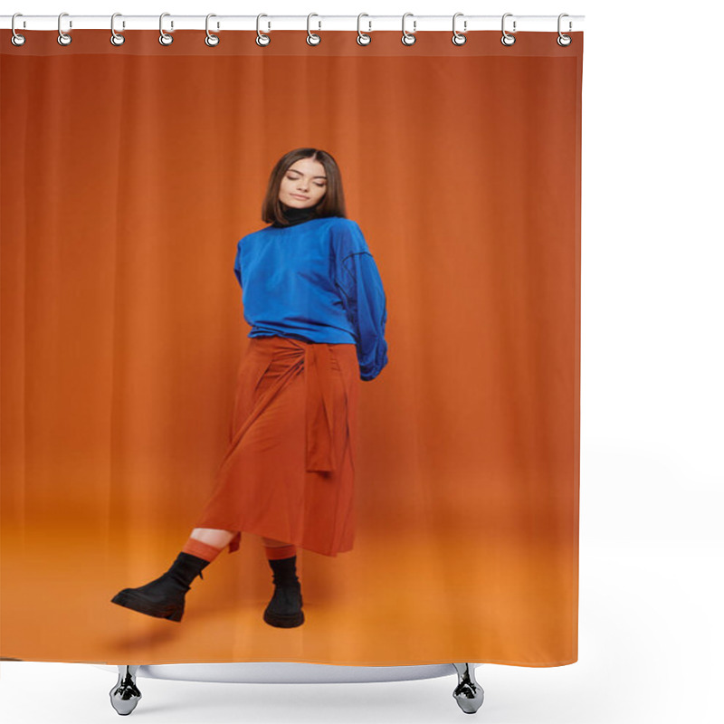 Personality  Fall Season Attire, Attractive Woman In Skirt And Blue Sweatshirt Standing On Orange Backdrop Shower Curtains