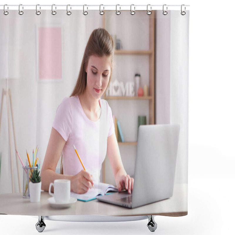 Personality  The Girl Works Remotely From Home Using A Modern Laptop. Shower Curtains