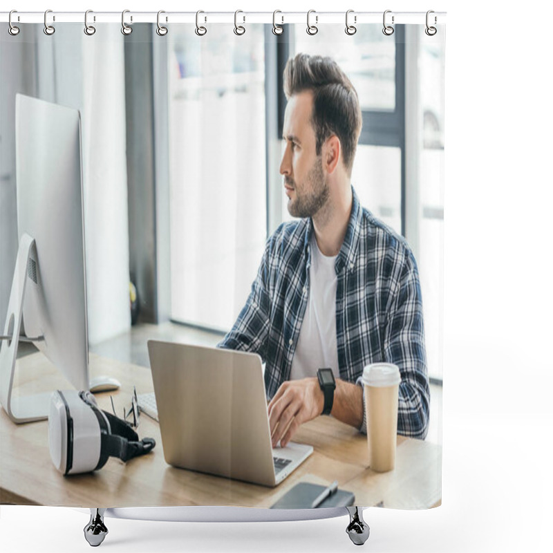 Personality  Handsome Young Programmer Using Laptop And Desktop Computer At Workplace Shower Curtains