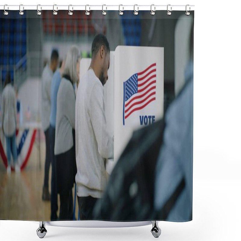 Personality  Elderly Male Voter With Bulletin In Hands Comes To Voting Booth. Multicultural American Citizens Come To Vote In Polling Station. Political Races Of US Presidential Candidates. National Election Day. Shower Curtains