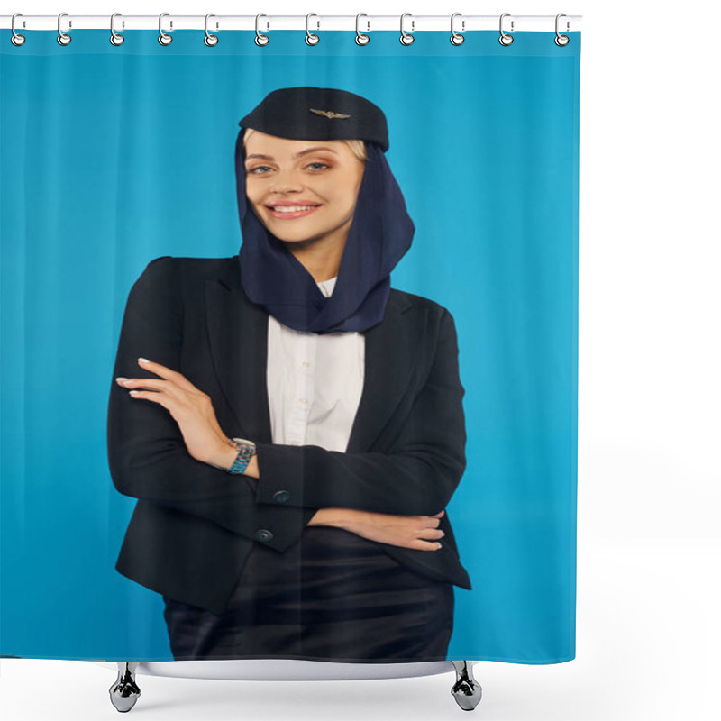 Personality  Charming Stewardess Of Arabian Airlines In Uniform With Headscarf Posing With Folded Arms On Blue Shower Curtains