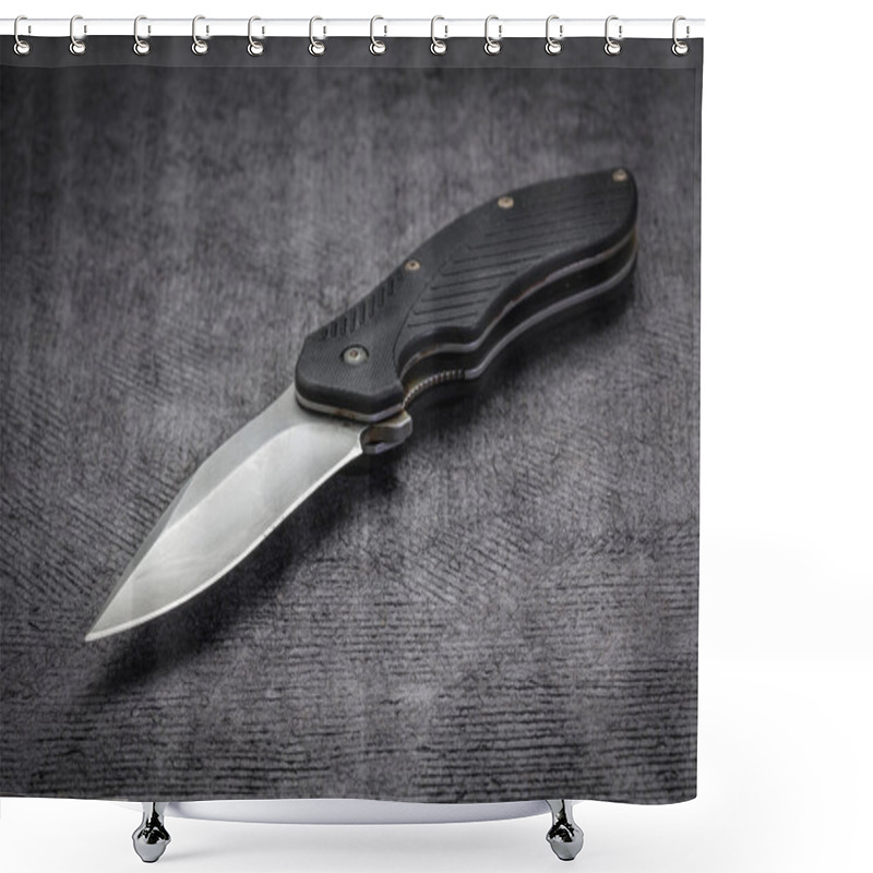 Personality  Opened, Used Pocket Knife With Assisted Opening On A Black Textured Paper Shower Curtains