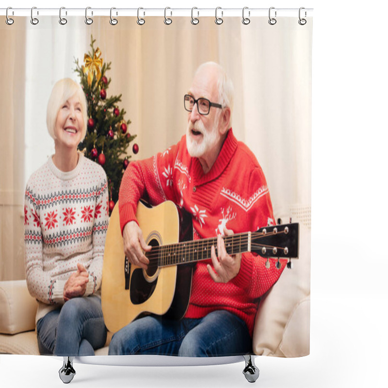 Personality  Senior Man Singing And Playing On Guitar Shower Curtains