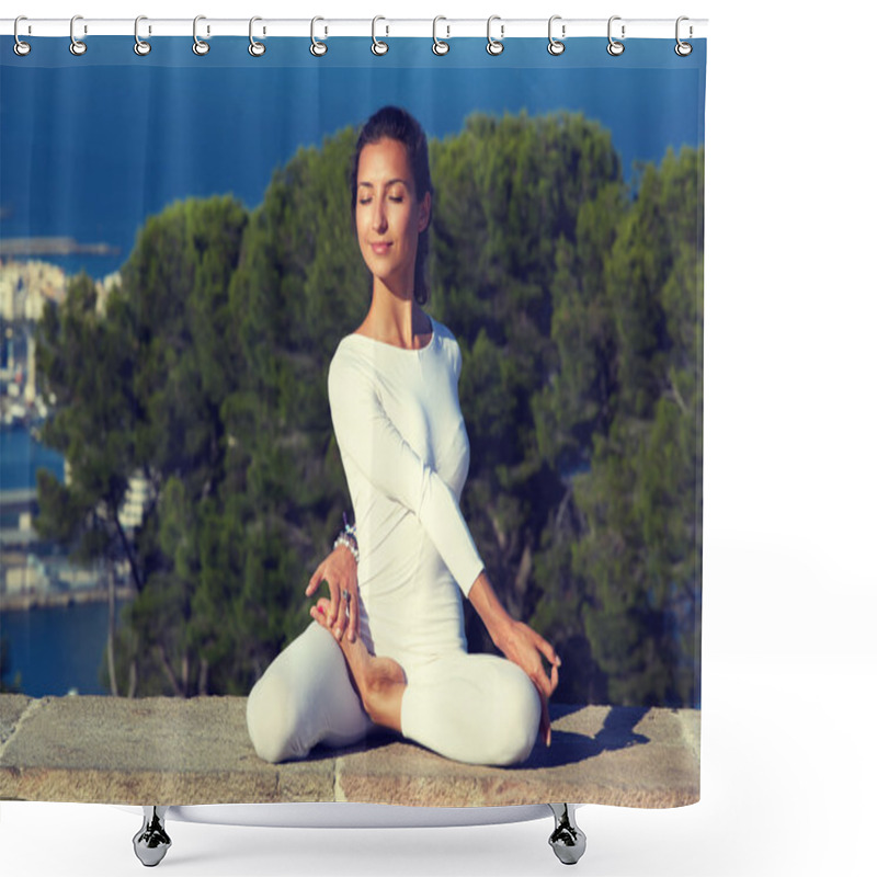 Personality  Woman Practicing Yoga On A Sunny Day Shower Curtains