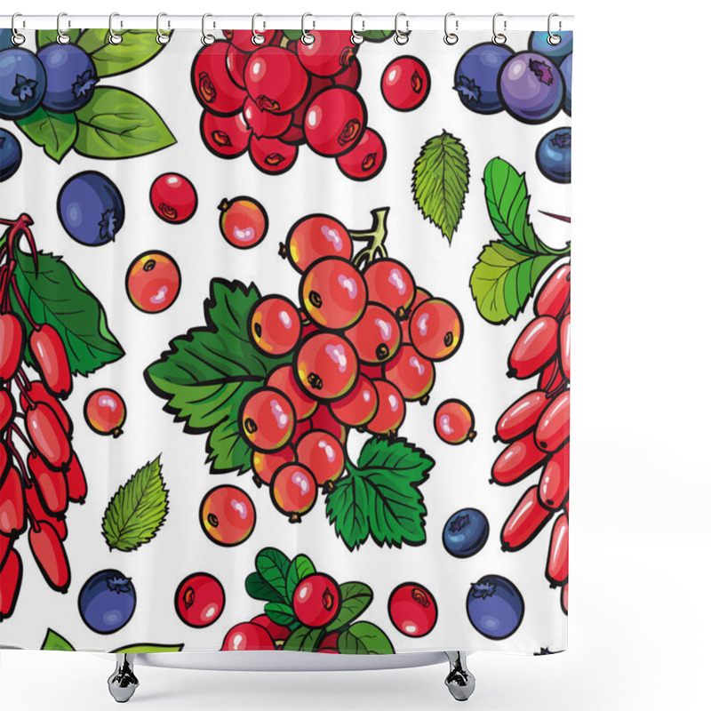 Personality  Summer Berries Seamless Pattern With Fresh Ripe Fruits And Green Leaves In Sketch Style Shower Curtains