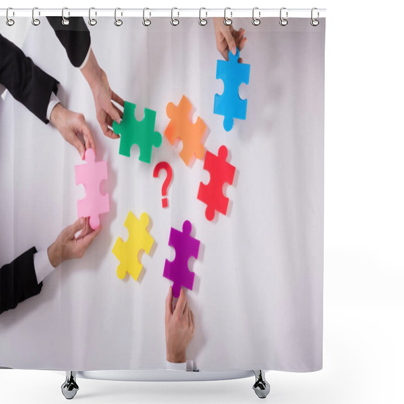 Personality  Group Of Businesspeople Holding Jigsaw Puzzle With Question Mark On White Background Shower Curtains