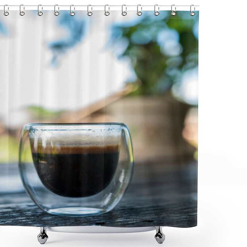 Personality  Cup Of Espresso On The Table. Glass Beaker For Shot-cocktail Or Coffee Drinks. Close Up Of A Glass Of Espresso. Hot Coffee In A Glass With Double Walls Isolated On A White Background. Shower Curtains