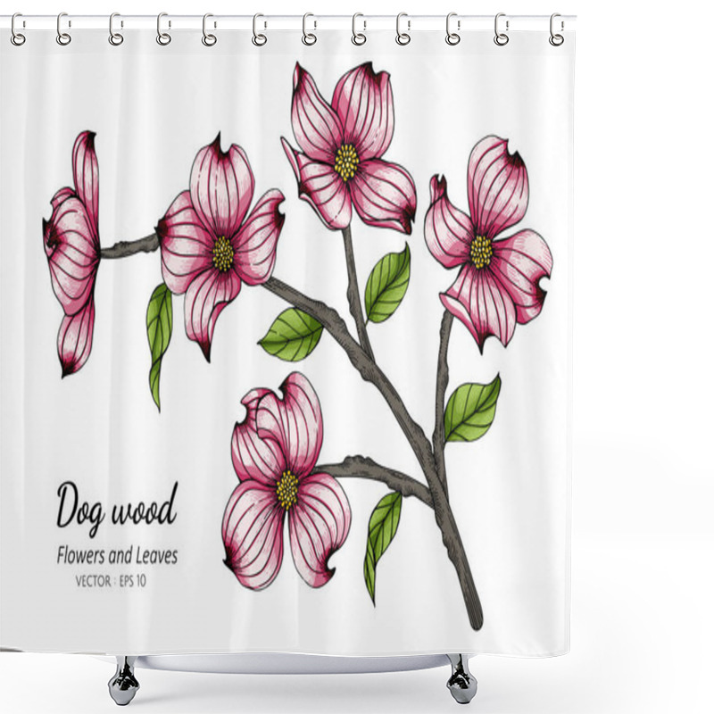 Personality  Pink Dogwood Flower And Leaf Drawing Illustration With Line Art On White Backgrounds. Shower Curtains