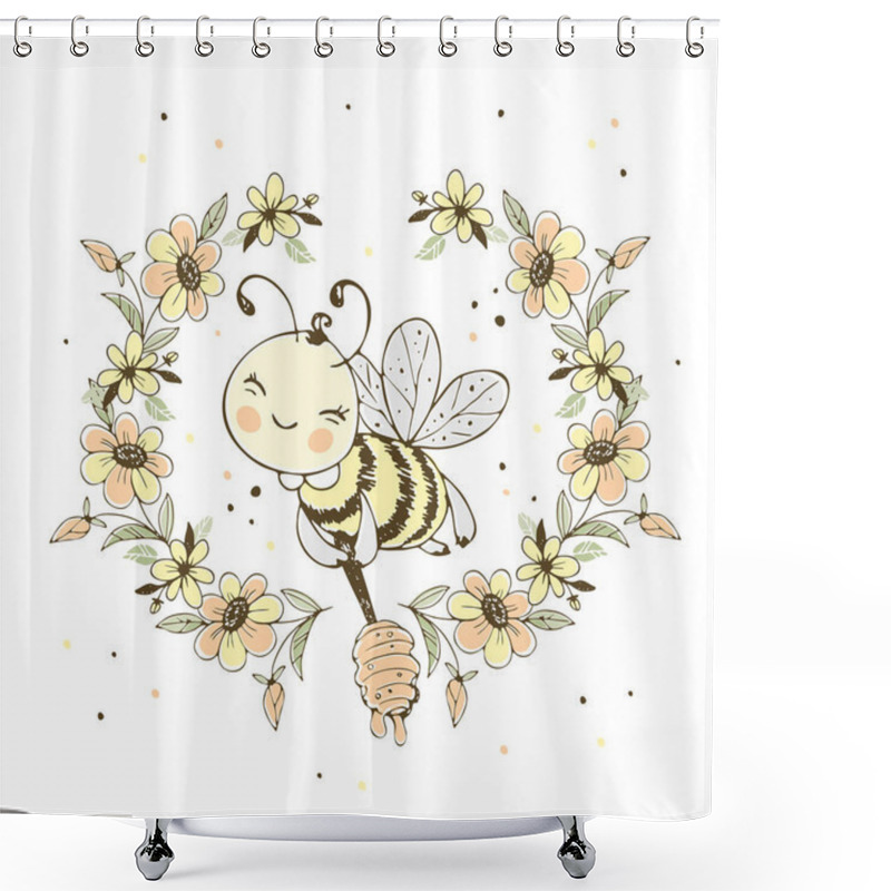 Personality  Cheerful Cute Bee With Honey In A Frame Of Flowers. Vector. Shower Curtains