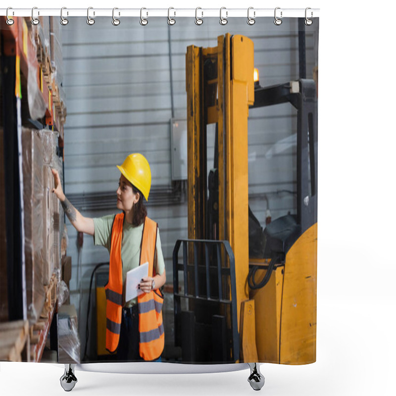 Personality  Female Warehouse Worker In Hard Hat And Safety Vest Holding Digital Tablet And Checking Cargo Shower Curtains