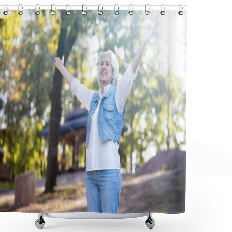 Personality   Woman Raising Hands In Air In Park Shower Curtains