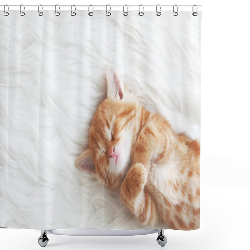 Personality  Cute Little Red Kitten Sleeps On Fur White Blanket Shower Curtains