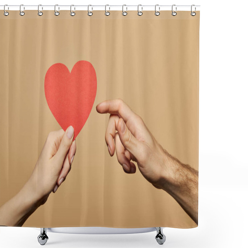 Personality  Cropped View Of Woman Holding Red Heart And Man Reaching It Isolated On Beige Shower Curtains