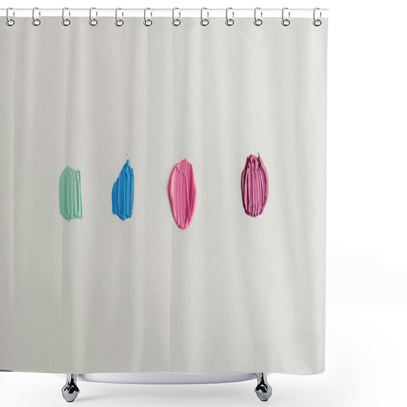 Personality  Four Vibrant Paint Blobs In Green, Blue, And Pink On A White Canvas. Shower Curtains